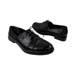MAIYET Black Leather Gold Lace Square Heel Almond Toe Dress Oxford Shoe EU 39.5